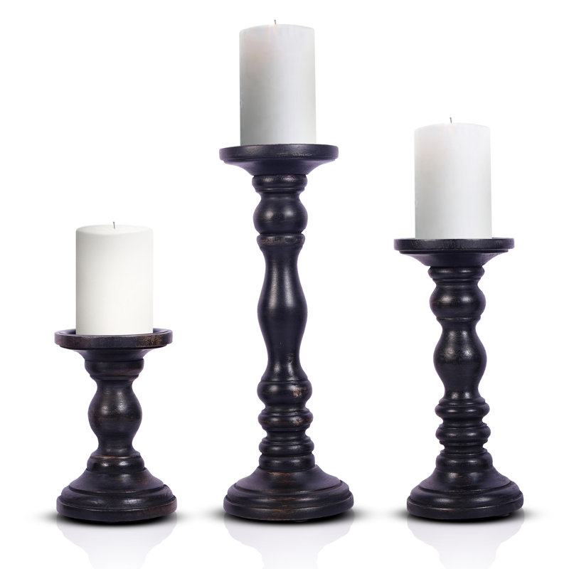 12'' Handcrafted Mango Wood Pillar Candle Holder Set – Rustic 3-Piece Set for LED Candles, Black