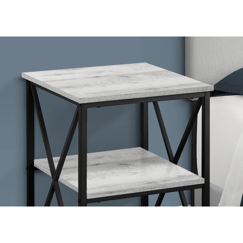 Table de bout en stratifié gris avec base en X en métal noir pour un salon élégant Surface moderne et pieds fonctionnels