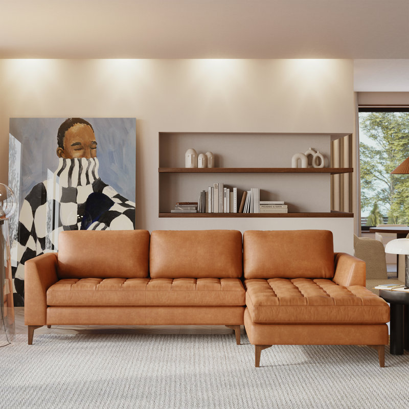 Calle 114" Full-Grain Genuine Italian Sectional Sofa, Cognac Tan Genuine Leather, Walnut, Right Hand Facing