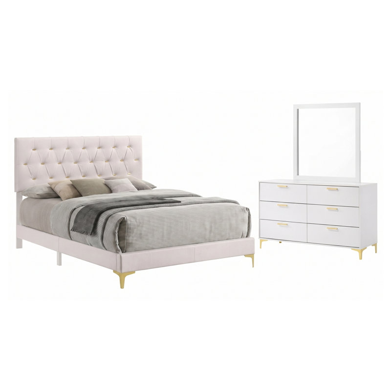 Ensemble de chambre à coucher Harlow blanc Queen 3 pièces avec lit capitonné en similicuir, commode à 6 tiroirs et miroir