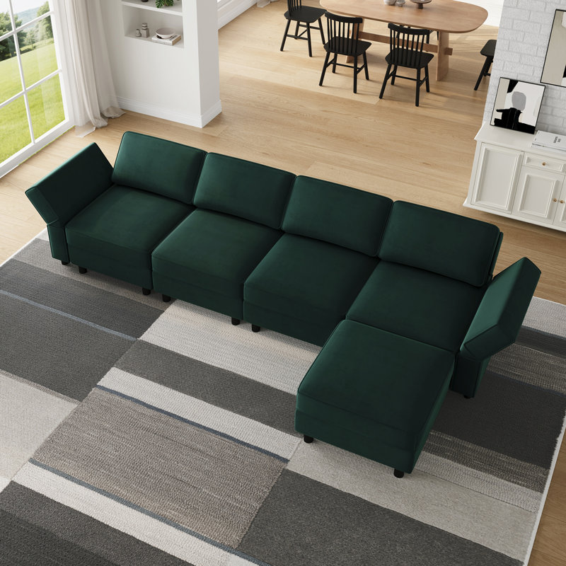 Canapé modulaire rembourré avec repose-pieds, H 33,9 po x l 114,2 po x P 57,1 po , Green Velvet