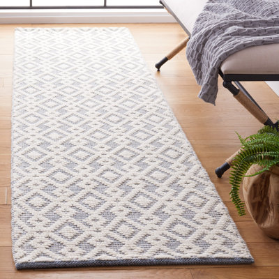 Vermont Hand Woven Wool/Cotton Geometric Rug in Ivory/Blue