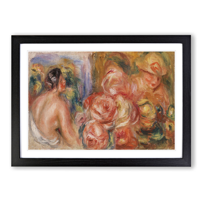 Roses and Nude Woman by Pierre-Auguste Renoir - Picture Frame Painting, 48cm H x 65cm W x 2cm D, Black Framed