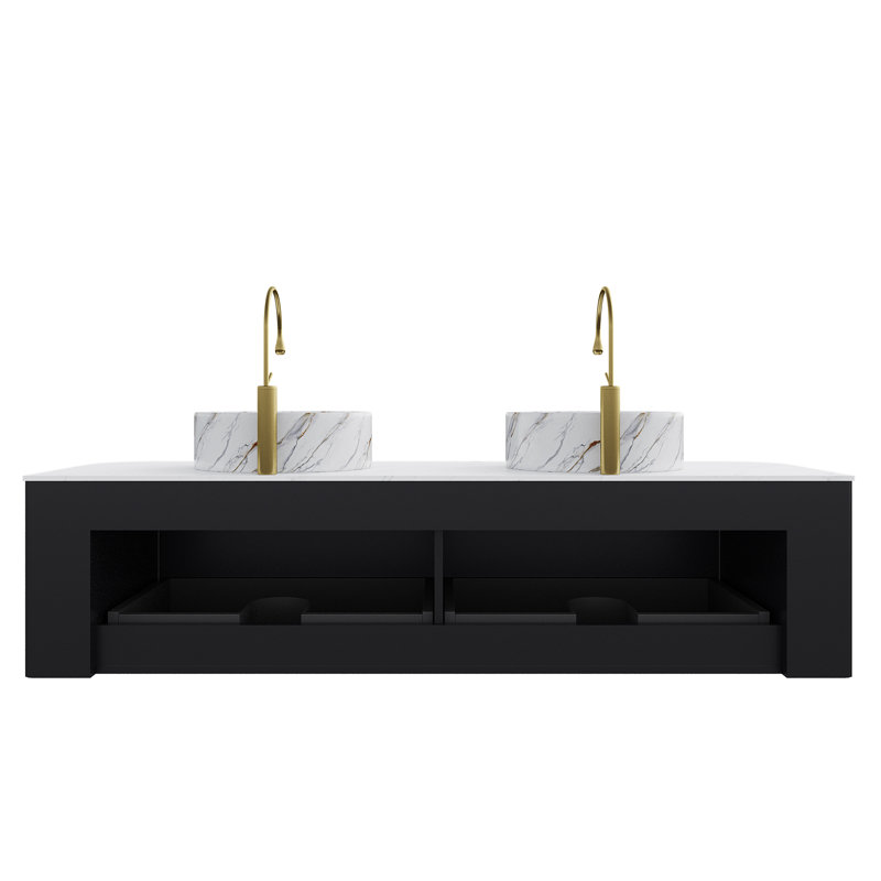 Meuble-lavabo moderne noir avec lavabos en céramique, rangement mural de 60 po pour la salle de bain