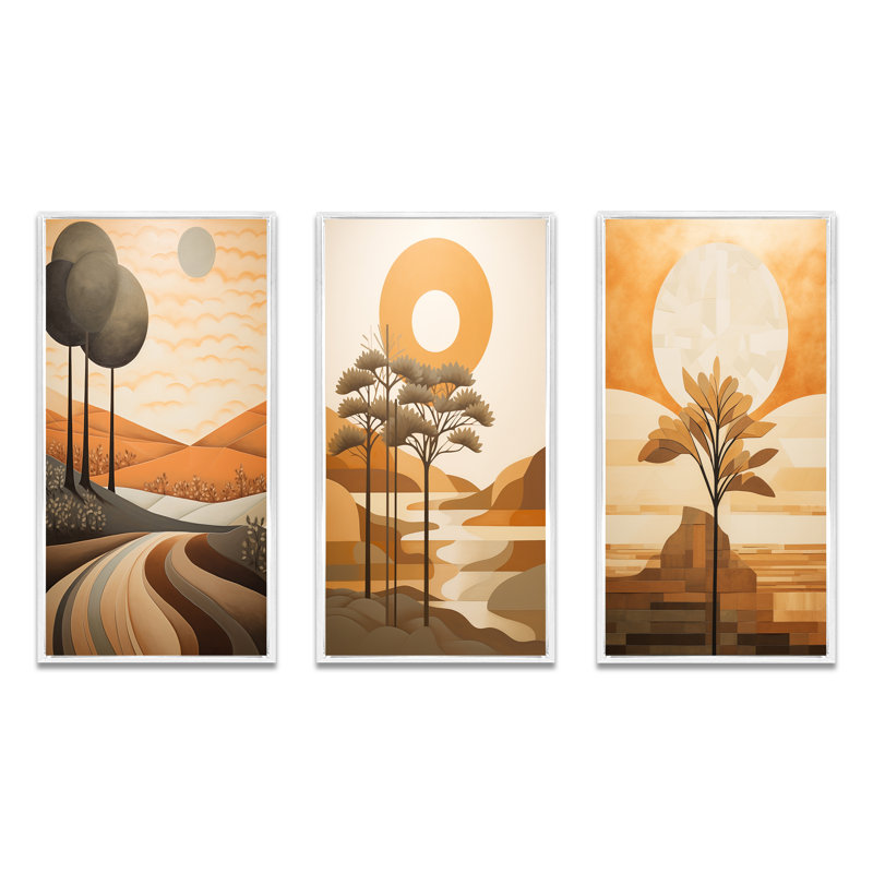 «Full Moon River Glow Retro Landscape», 3 pièces, H 60 po x l 40 po, Cadre flottant blanc