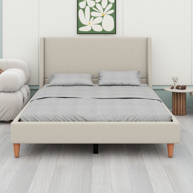 Lit plateforme tapissier avec tête de lit à oreilles et pieds en bois, Beige, Grand