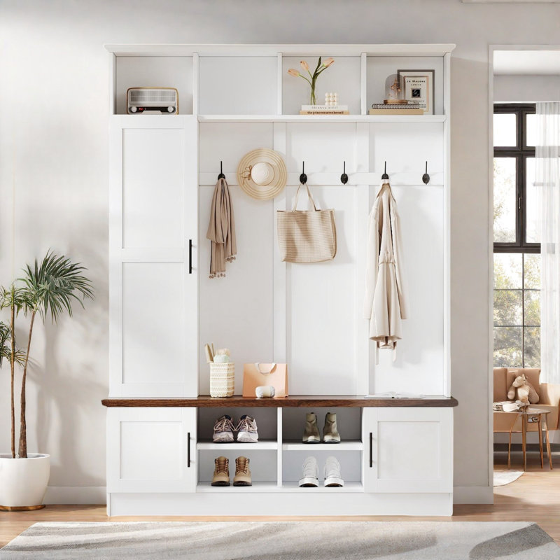 3-in-1 Hall Tree With 6 Hooks, Bench, Left Cabinet With Adjustable Shelves And Open Compartments, White