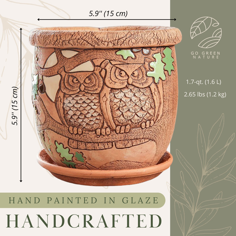 Pot à fleurs en céramique avec trou de drainage et soucoupe Annalyia Owls