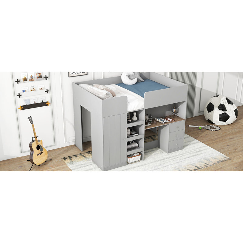 Lit mezzanine double gris avec garde-robe, bureau, unités de rangement et tiroirs