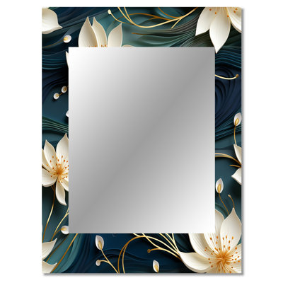 Patmar White And Gold Tranquil Lotus Zen - botanical  Decorative Mirror, Boho Wall Mirror, Printed Metal Art