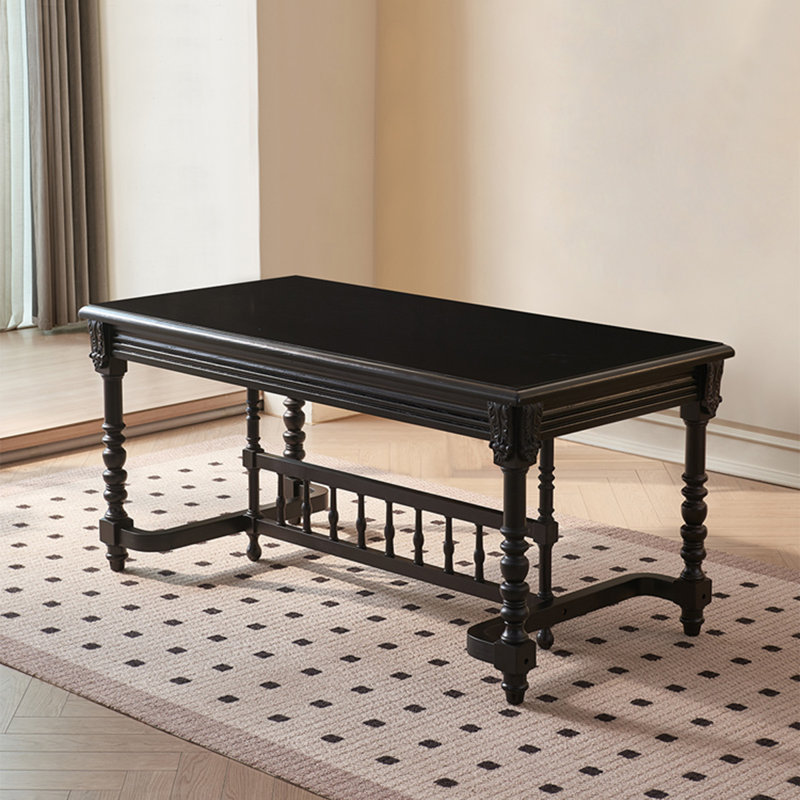 Table de salle à manger rectangulaire en bois massif sculpté de style français, H 29,53 po x L 62,99 po x l 31,5 po, Noir