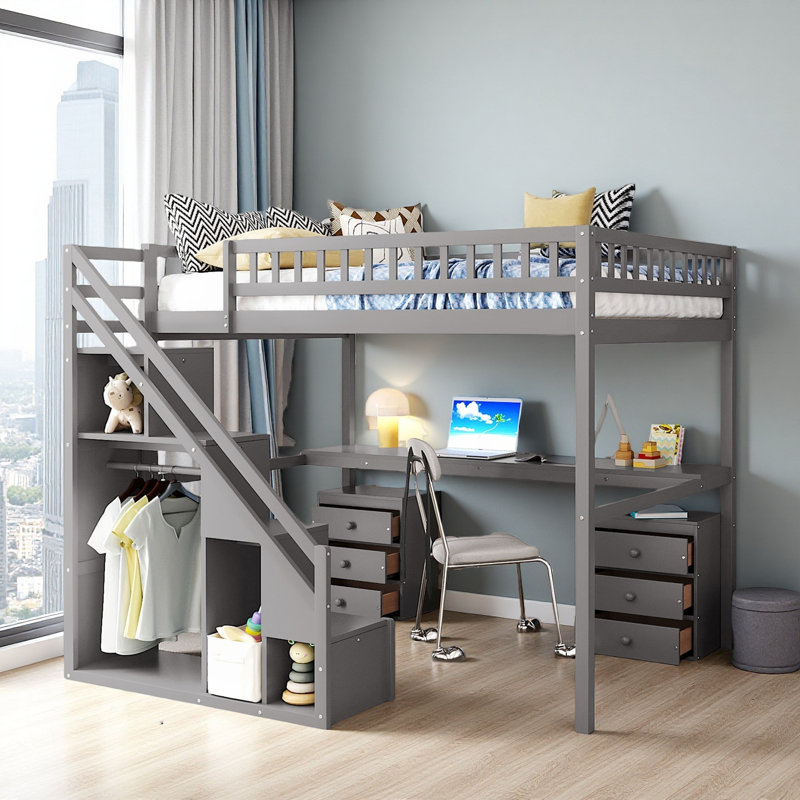 Loft Bed With Built-In Desk And Storage Staircase, Double, gris