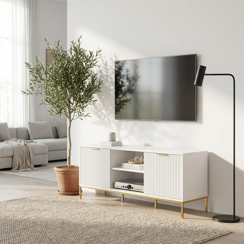 Console multimédia contemporaine avec portes à motif artistique, tablette ouverte et armoire de rangement réglable