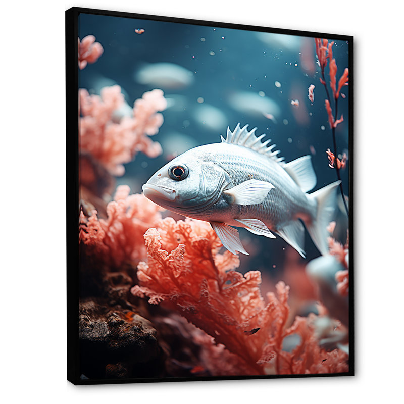 Danse de poissons monochrome bleue et grise, Cadre flottant noir, H 32 po x l 24 po x P 1 po