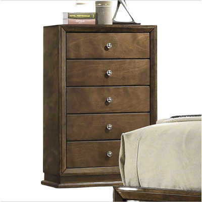 Mobilier de chambre à coucher style transitionnel 1 pièce avec 5 tiroirs en queue d'aronde et boutons en métal finition noyer