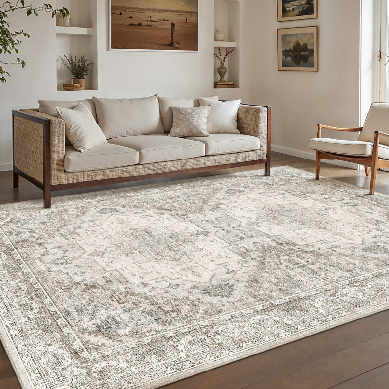 Elaine Machine Washable Vintage Area Rug With Non-Slip Backing, Rectangle 8' x 10', Brown, 0.28"