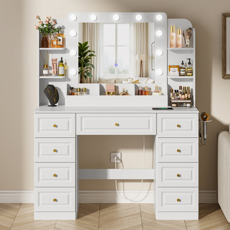 Meuble-lavabo moderne blanc avec miroir à DEL 3 modes, 9 tiroirs et centrale électrique intégrée