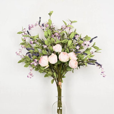 24" Artificial Spring Summer Peony Wildflower Berry Floral Arrangement For Vase Filler, Farmhouse Greenery Foliage Branch Long Stem Floral Bulk Bouquet For Wedding Party Home Office Table Centerpiece Shelf Decorations