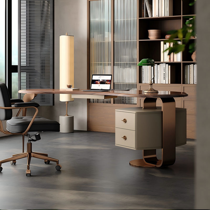 Brown Unique Pea Shape Modern Desk, 29.53" H x 62.99" W x 30.31" D