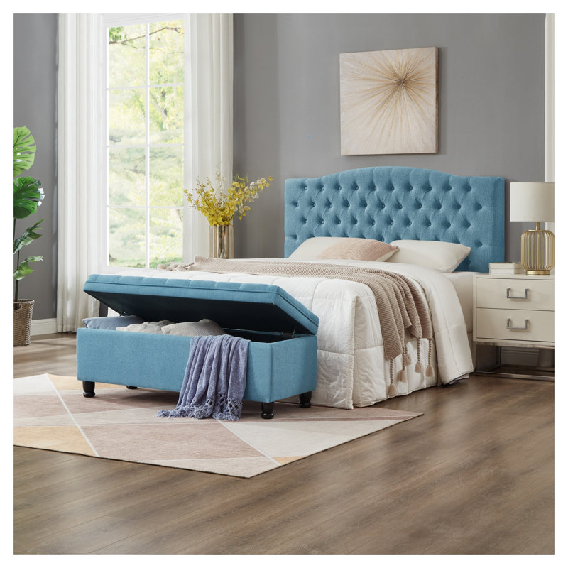Banc de rangement rembourré capitonné avec tissu en lin, siège d'entrée bleu clair avec compartiment intérieur et pieds en bois d'hévéa