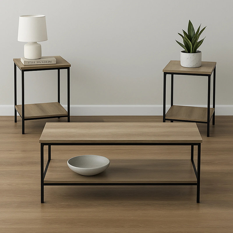 Ensemble de tables basses 3 pièces Vebreda avec table basse rectangulaire et 2 tables d'appoint, plateau rustique brun avec cadres en métal noir