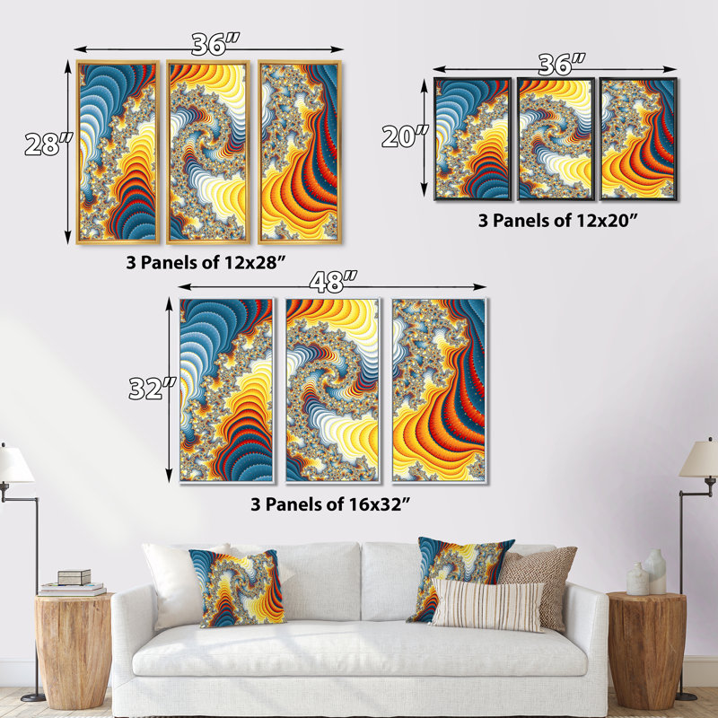 Multidimensional Fractal Spiral - ensemble d'art moderne sur toile encadrée moderne de 3, Cadre noir