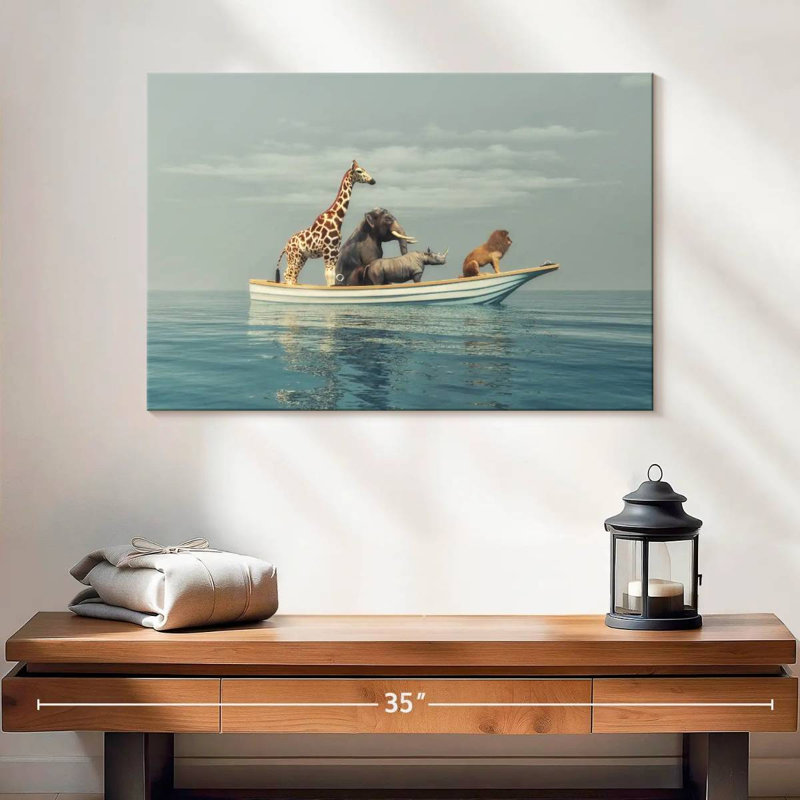 Brampt, animaux de safari sur un bateau, H 16 po x l 24 po