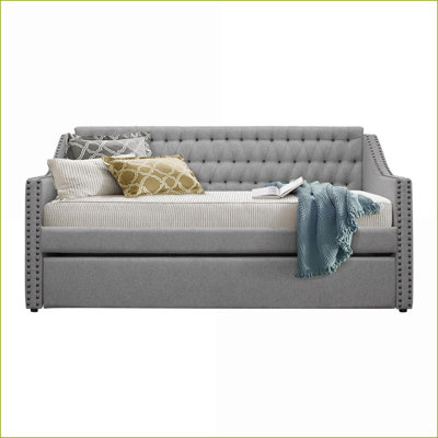 Sofas | Modern Traditional Gray Fabric Button-Tufted Daybed with Trundle &amp; Nailhead | Gray | Wood