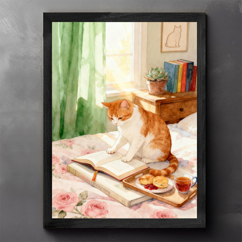 Reproduction d'art encadré noir, rétro, chat chaud, thé d'après-midi, H 37 po x l 25 po