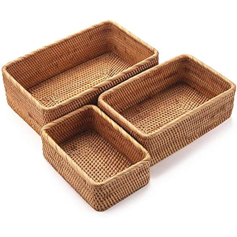 Natural Rattan Storage Baskets, Rectangular Woven Fruit Baskets, Decorative Wicker Basket And Small Baskets For Organizing (Set Of 3)