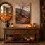 Arbre nu et lanterne dans un paysage d'automne brumeux - Toile murale d'Halloween-705529972