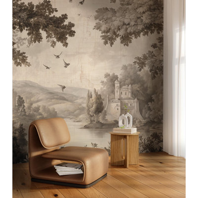 Sepia Countryside Castle Wall Mural | Vintage Lake Landscape Wallpaper | Non-Woven or Peel and Stick