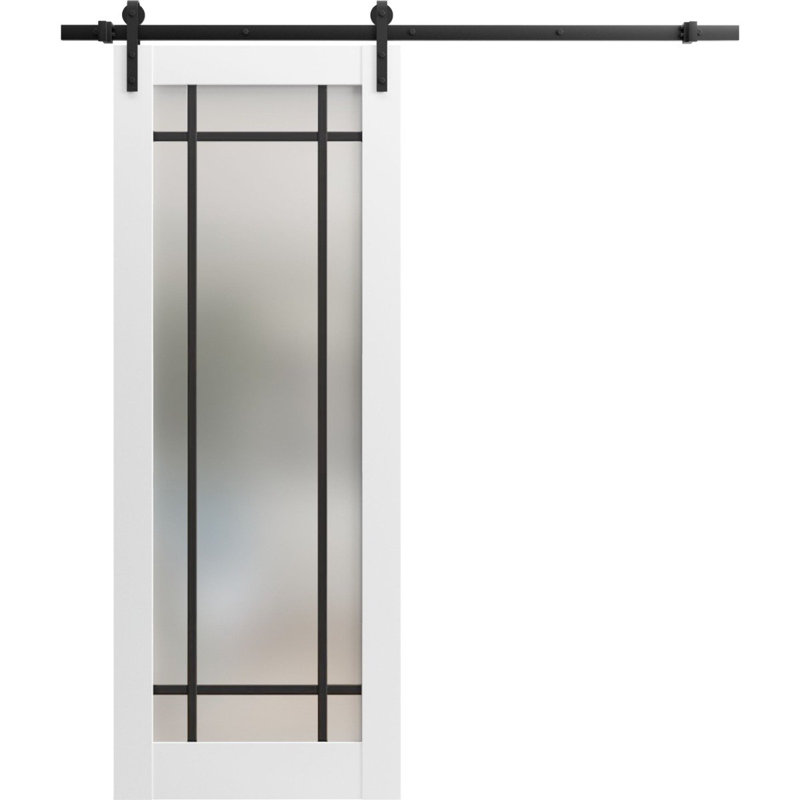 Porte de grange robuste en verre trempé dépoli Planum 2112 Blanc Soie de 2 m (6,6 pi) avec rails noirs et quincaillerie renforcée. Porte intérieure moderne à panneaux pleins - 107 cm x 244 cm (42 po x 96 po) - Verre dépoli - Rail noir