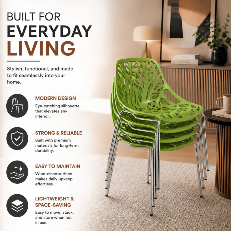 Stackable Dining Side Chairs with Floral Cutout Back and Stainless Steel Legs – Modern Kitchen, Restaurant, or Banquet Seating