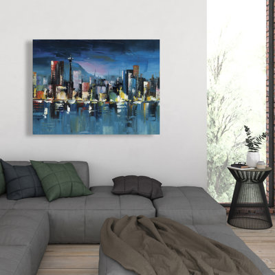 Abstrait paysage urbain bleu par nuit - toile de salon moderne