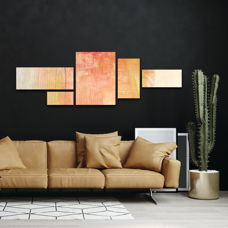 Ensemble de 5 panneaux muraux - Mila Apperlo «Orange 789», art mural sur toile pour le salon, la chambre à coucher ou le bureau 