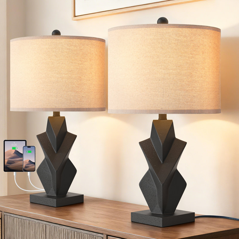 Lampe de table moderne en résine 24,5 "avec 3 lumières à intensité variable USB + abat-jour pré-assemblé de type C pour le salon