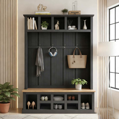 Arbre d'entrée de style campagnard en bois de 78 po de large avec banc de rangement large, armoire à chaussures d'entrée avec 13 compartiments, portemanteau élégant avec 6 crochets pour le vestibule, salon