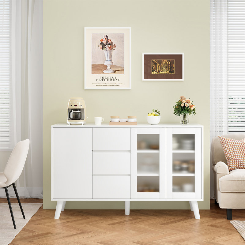 Buffet Farmhouse, bar à café 55,5 po avec 3 tiroirs et portes escamotables, grand buffet rustique pour la salle à manger, la cuisine, le couloir et le salon