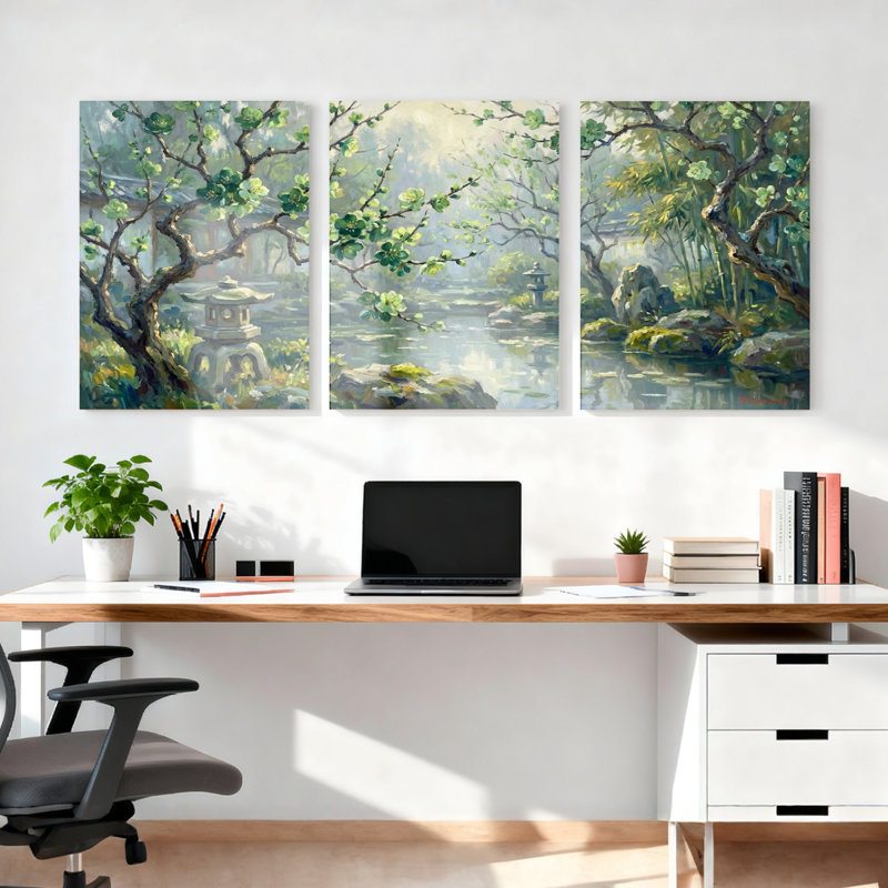 Ensemble de 3 tableaux muraux sur toile représentant un paysage de jardin japonais, H 24 po x l 48 po