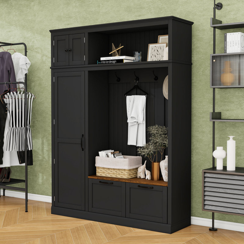 Multi-Functional Hall Tree with Overhead Storage, Adjustable Compartments and Drawers, Black