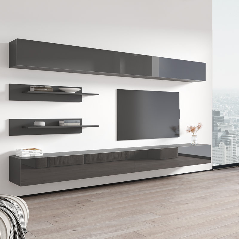 Meuble audio-vidéo mural flottant moderne de 126 po avec éclairage à DEL 16 couleurs Narvaez, Gris