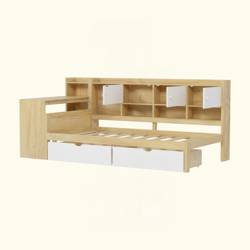 Lit de jour en bois avec rangement en L et tiroirs, Double, White