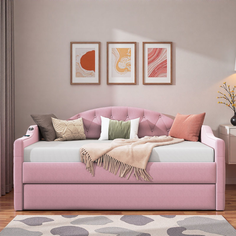 Upholstered Daybed With Trundle, Charging Station And Button Tufted Design, Pink
