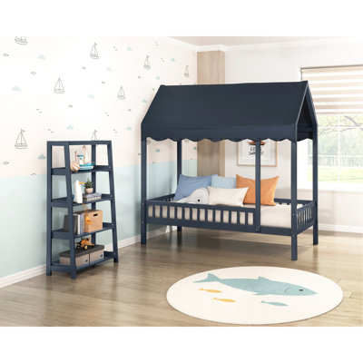 Lit simple à baldaquin bleu marine avec housse de style remise et conception festonnée, meubles de chambre à coucher modernes, fabrication en bois, aucune fondation nécessaire, H 80,5 po x 43 po x H 83,5 po