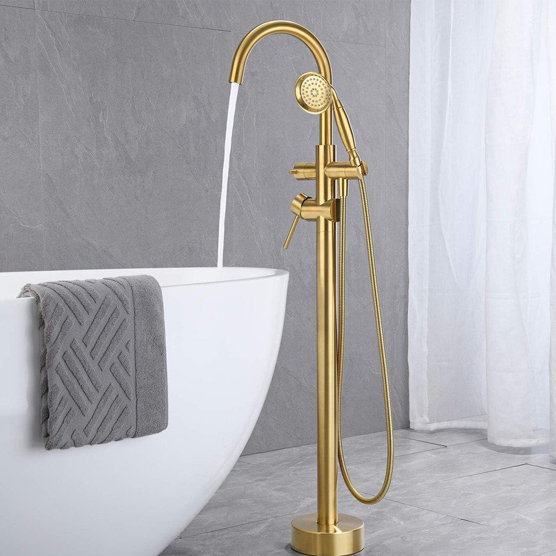 Brushed Gold Freestanding Brass Bathtub Faucet with Hand Shower