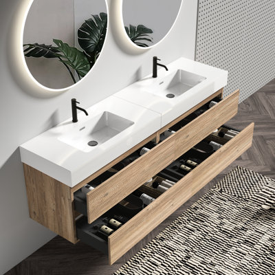 Meuble-lavabo suspendu en chêne, lavabo en quartz reconstitué, style milieu du siècle, panneaux de qualité E1, fermeture amortie, capacité de 150 kg, panneau à grille noire de 183 cm, tiroirs à fermeture douce