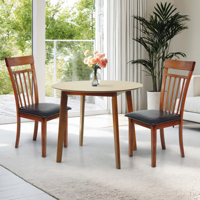 Ensemble de table de salle à manger 3 pièces, 2 chaises d'appoint en bois massif de style classique avec table de salle à manger ronde, ensemble de cuisine, coussins en cuir de polyuréthane de taille moyenne