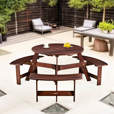 Table de pique-nique brune pour 6 à 3 bancs avec parasol et trou d'extérieur imperméable avec trou, brun, patio, jardin, porche