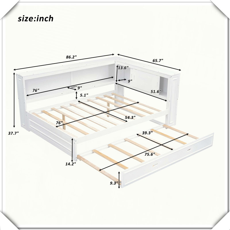 Wood Daybed Storage Shelves USB LED Trundle Space-Saving Practical Design,Full / Double, White